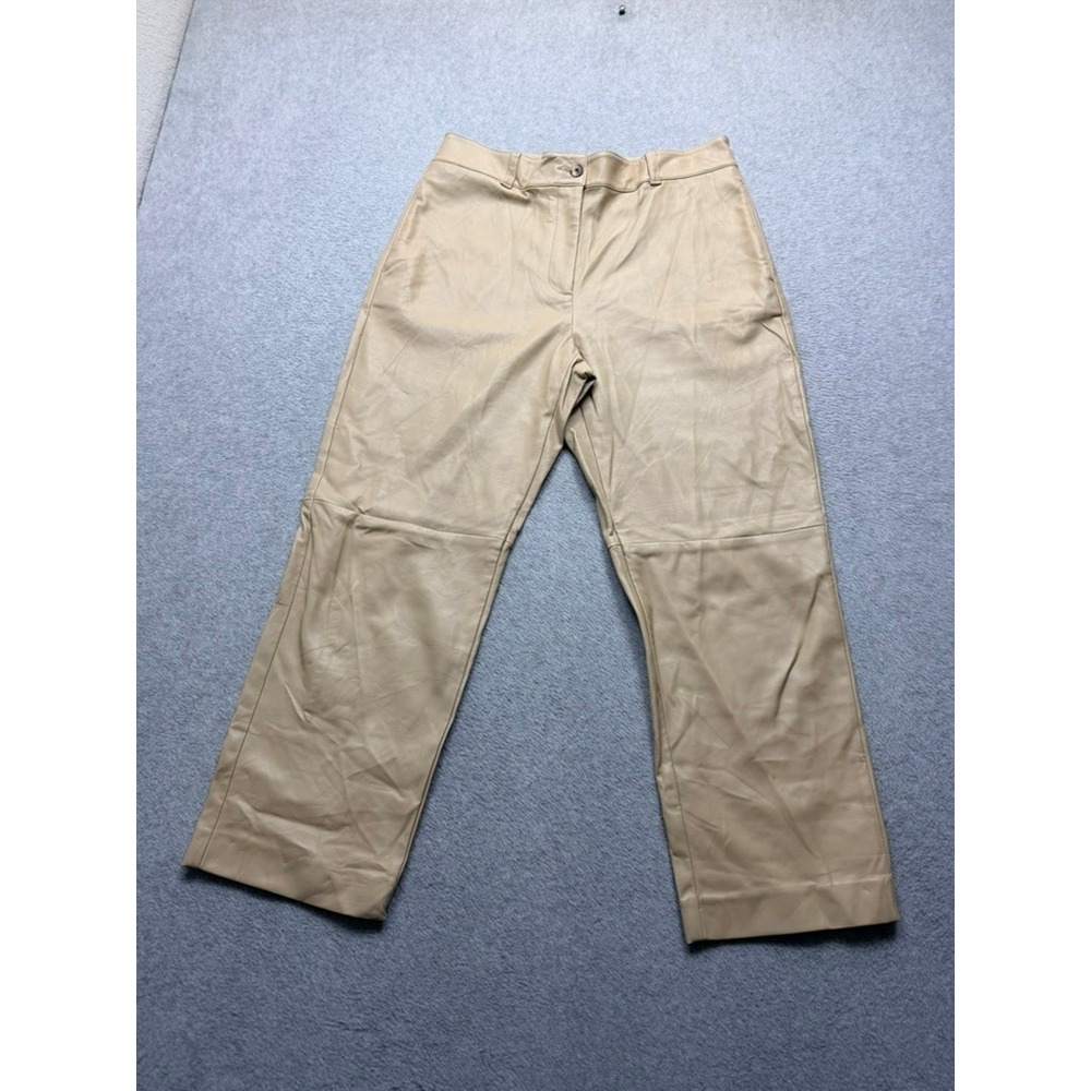 Beige Leather Straight Leg Pants Women Size 12 Neutral Trousers High Rise